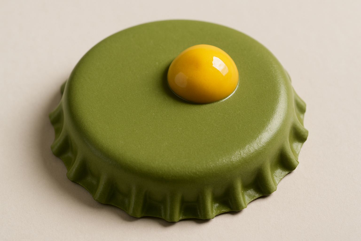 bottlecap painted avocado green with a drop of mustard on it.
